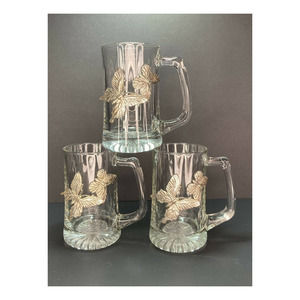 3PC VTG Heavy Glass Handled Beer Steins w/ Pewter Embedded Butterflies, H5.5”